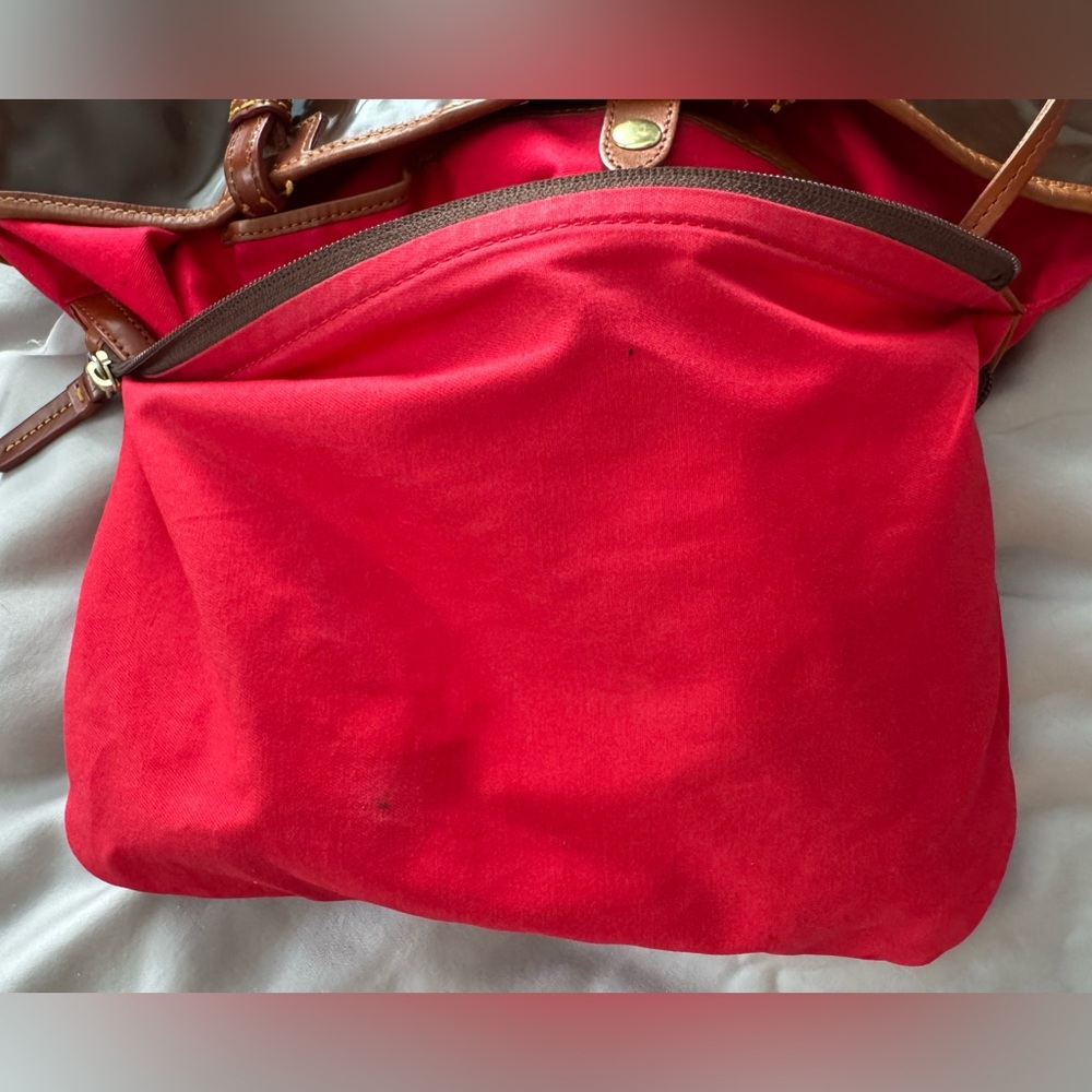Dooney & Bourke Brown Patent Leather Venus Lee Tote Suede Bottom Red Interior - Picture 12 of 16